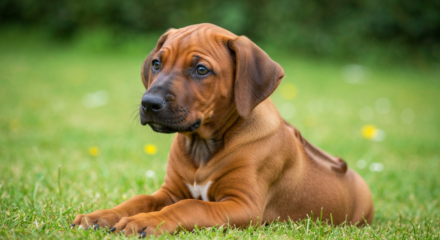 A light wheaten Rhodesian Ridgeback puppy with a wrinkled forehead sits on a green lawn, looking directly at the camera with curiosity.