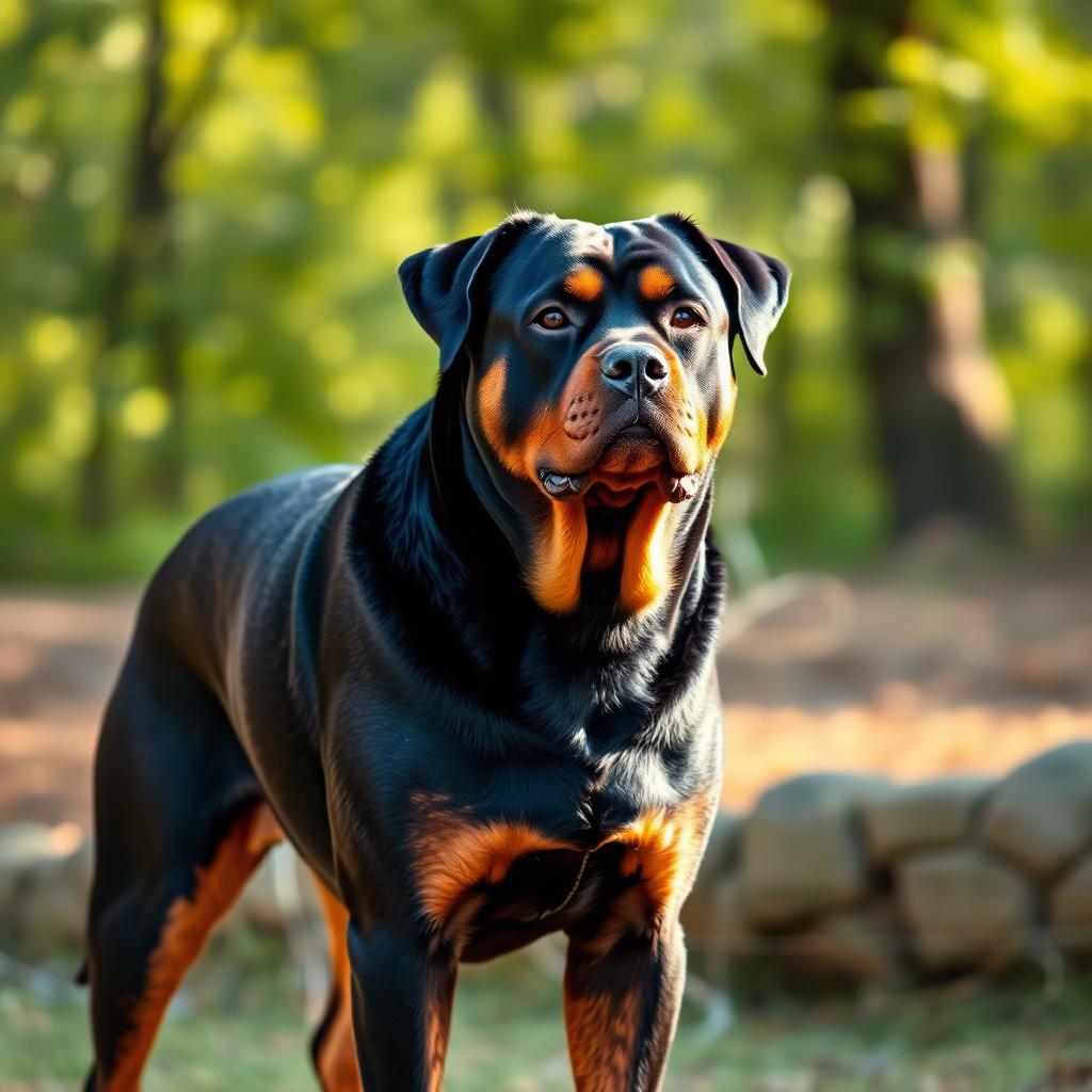 A powerful adult Rottweiler with a glossy black and tan coat stands confidently on a grassy hill.