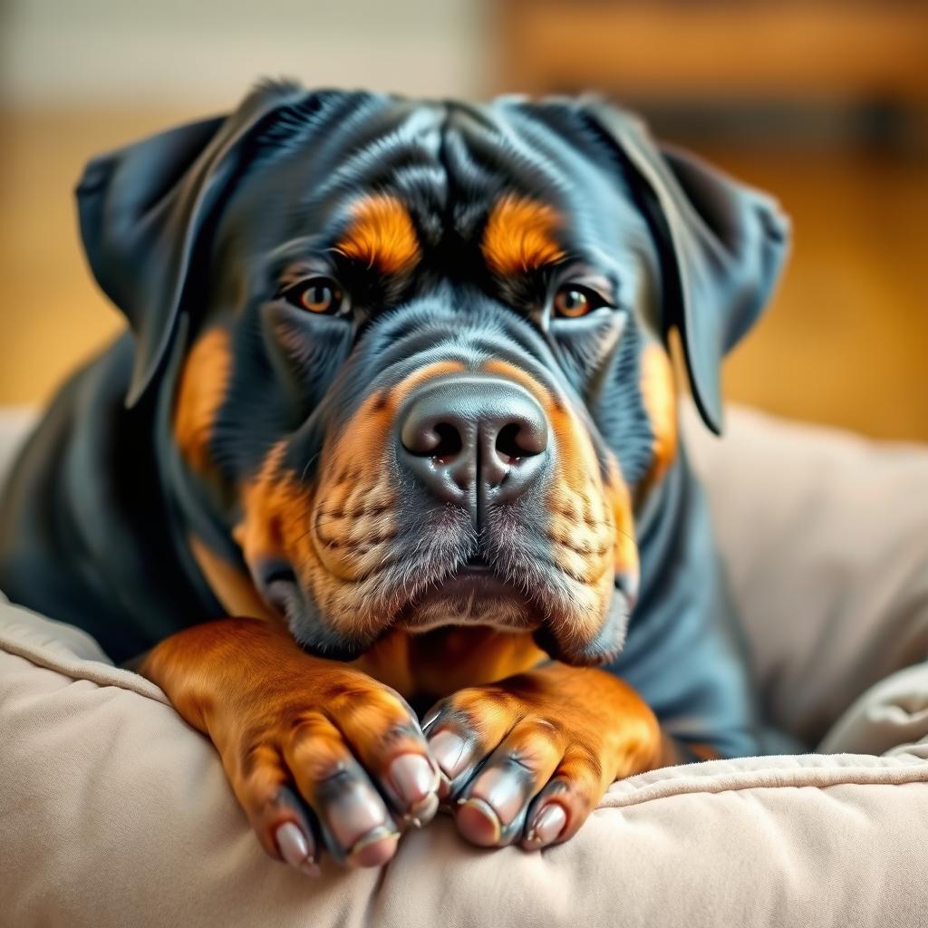 A senior Rottweiler is lying down on a plush dog bed, its head resting on its paws, with a gentle expression.