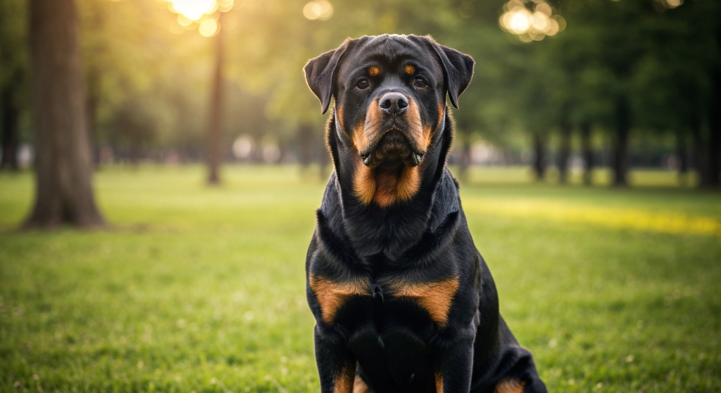 A beautiful, well-muscled adult Rottweiler sitting obediently on a vibrant green lawn during a sunny day.