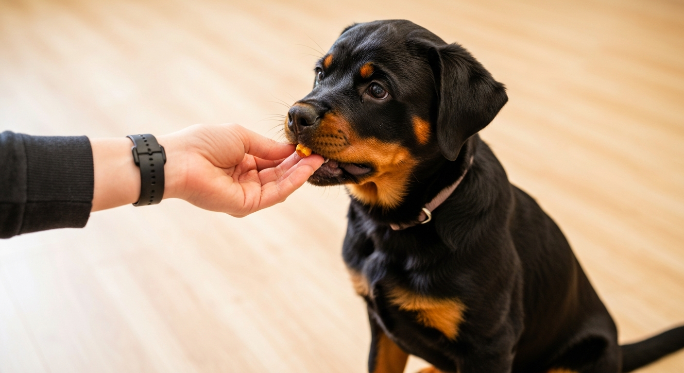 A person's hand rewarding a cute Rottweiler puppy with a treat for sitting correctly during a training session.
