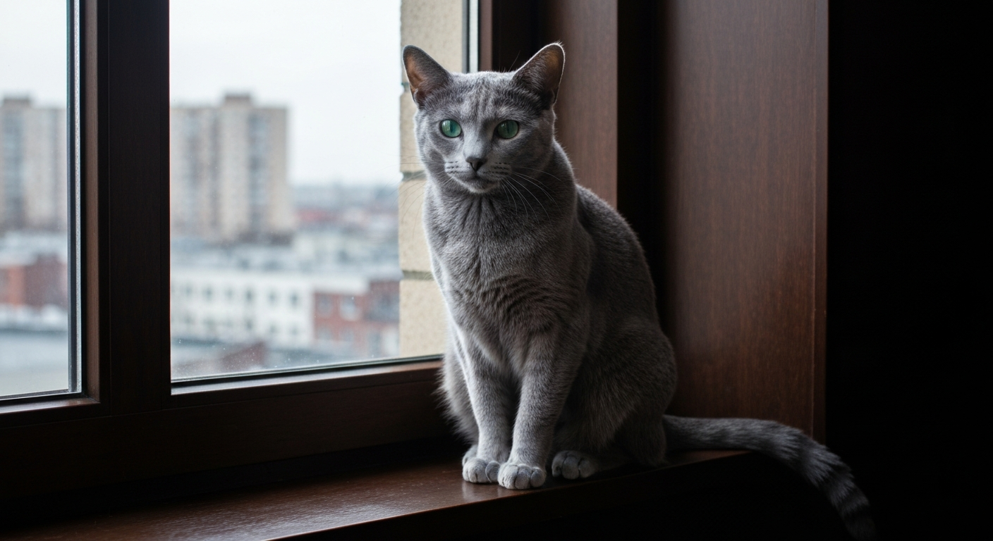 A sleek Russian Blue cat with a silver-blue coat and vibrant green eyes sits elegantly in a window.