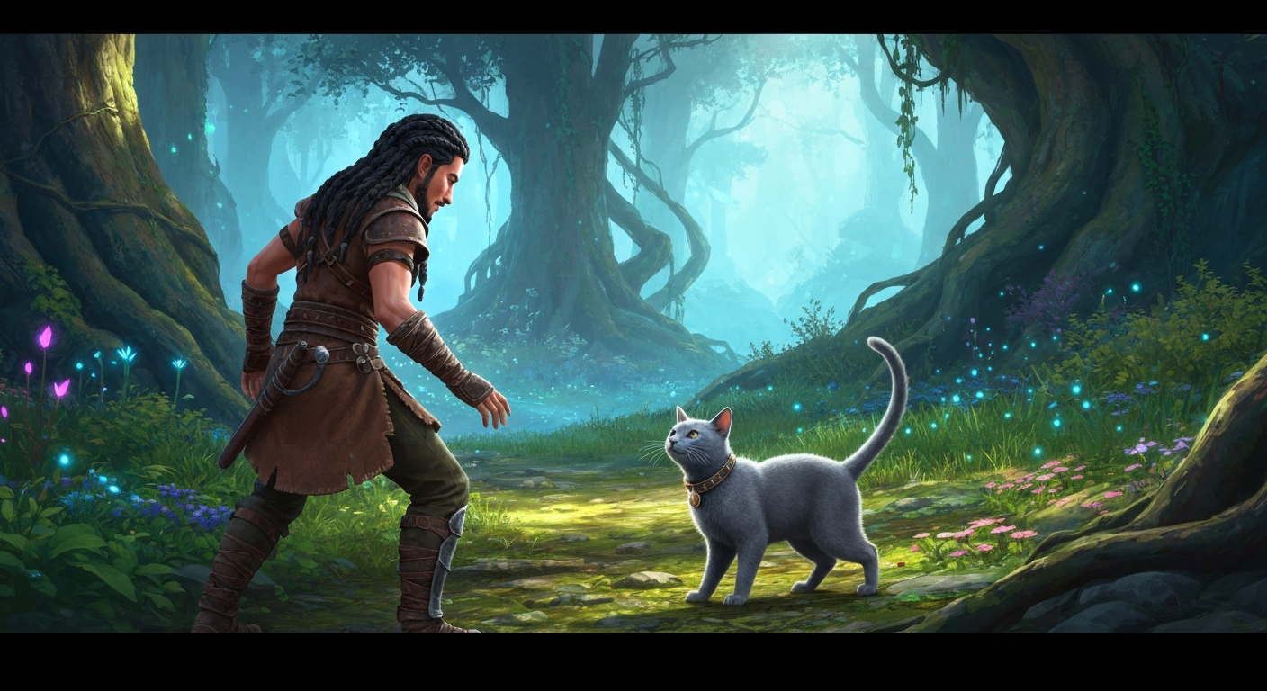 A person's hand holds a feather toy as a playful Russian Blue cat leaps into the air to catch it.