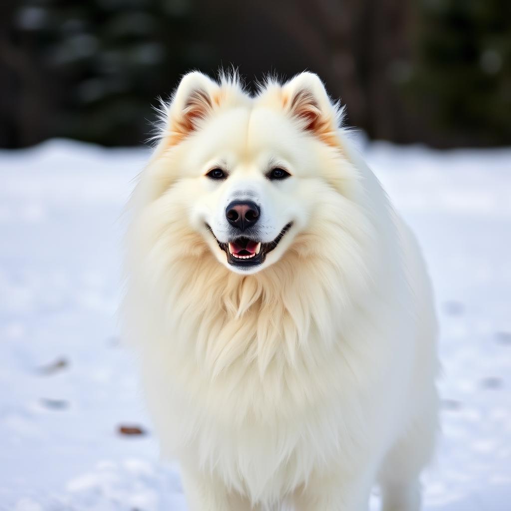 A white Samoyed dog with a friendly expression stands in a natural, winter setting.