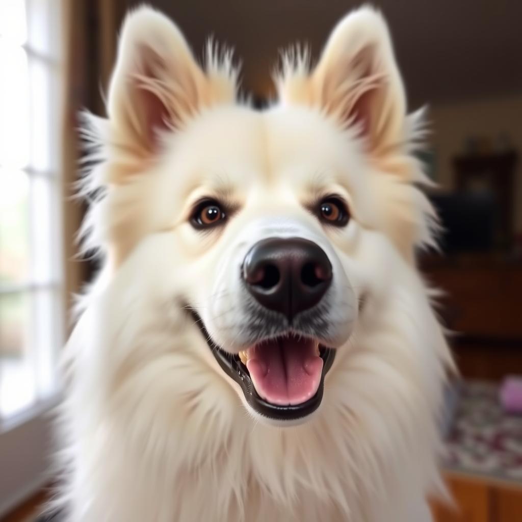 A Samoyed dog's face, showcasing its distinctive smile and dark, alert eyes.