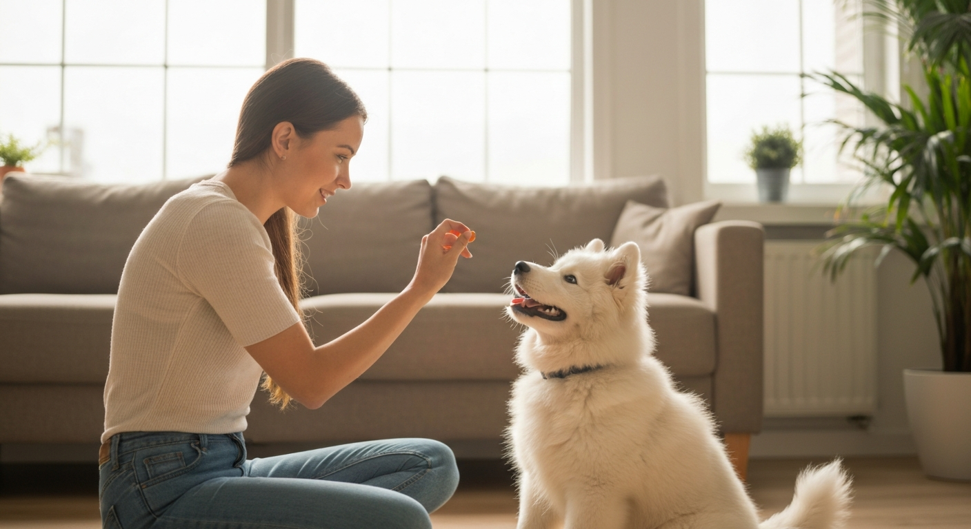 A woman kneels on a rug, holding a small treat above a fluffy white Samoyed puppy that is sitting and looking up at her.