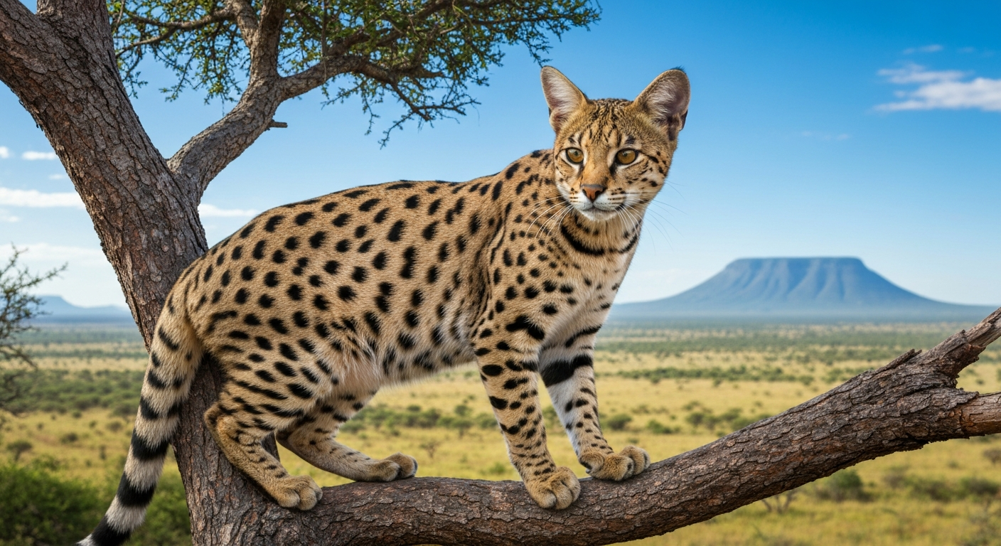 A tall, slender Savannah cat with large ears and a spotted golden coat stands proudly on a carpeted cat tower inside a modern home.