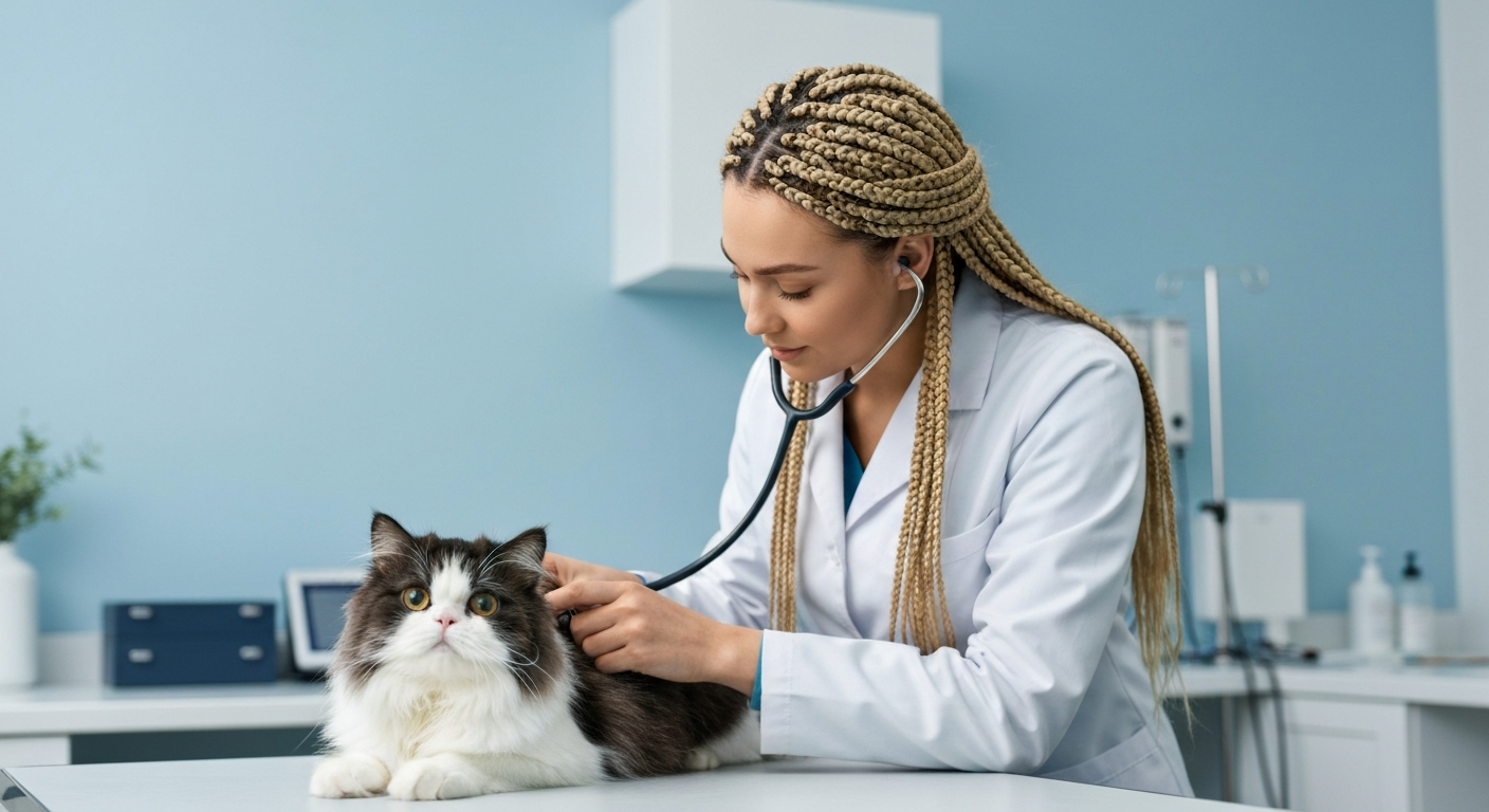 A veterinarian uses a stethoscope to check the heart of a spotted Savannah cat that is sitting calmly on an examination table.
