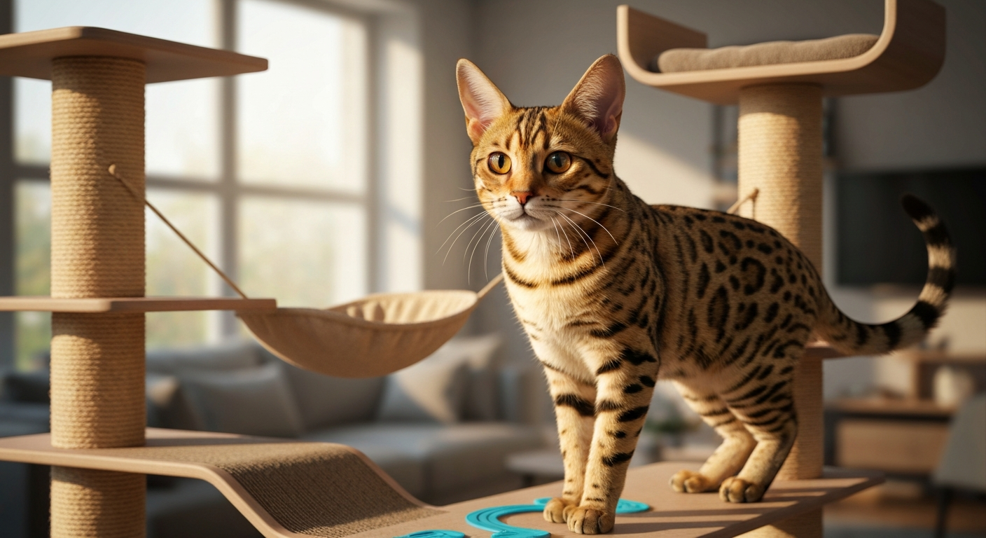 A tall, slender Savannah cat with a spotted golden coat and large ears standing proudly on a cat tree in a modern home.