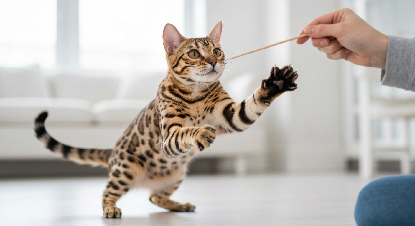 A spotted Savannah cat jumping high in the air inside a living room, reaching for a feather toy.