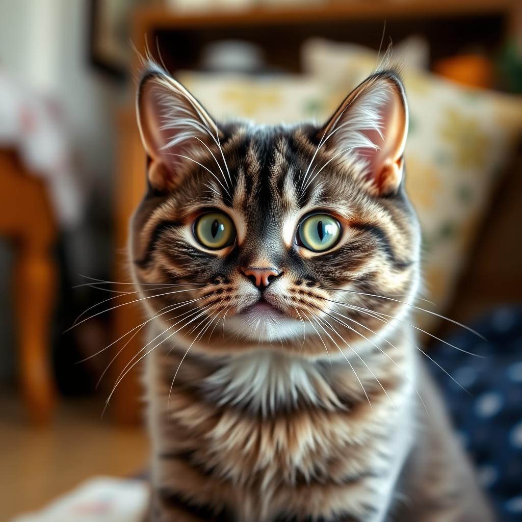A domestic Scottish Fold cat with distinctive folded ears sitting attentively on a soft rug, looking directly at the camera with wide, expressive eyes.