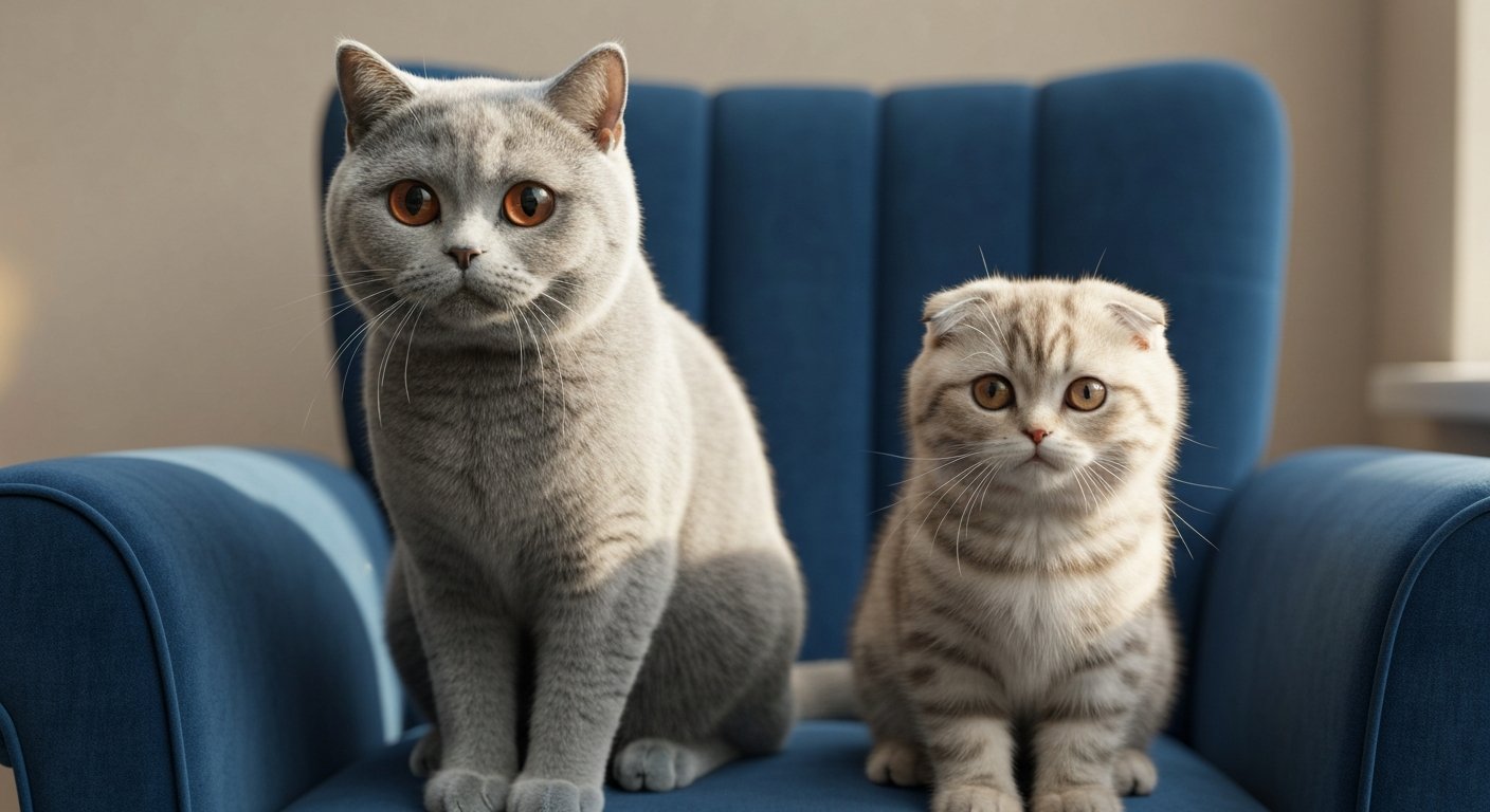 A grey Scottish Fold cat with folded ears sitting next to a chunky British Shorthair.