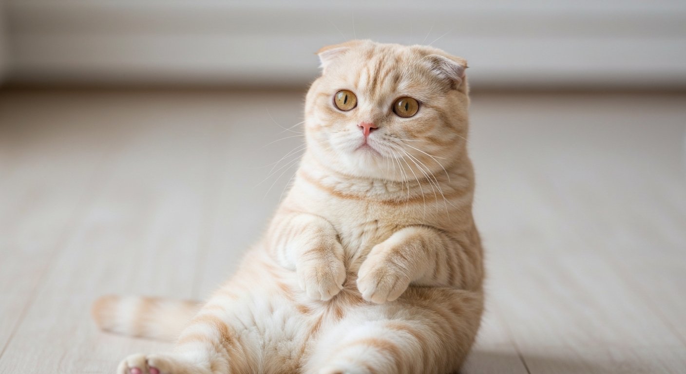 A Scottish Fold cat sitting upright on the floor in the 'Buddha position' with its paws resting on its belly.