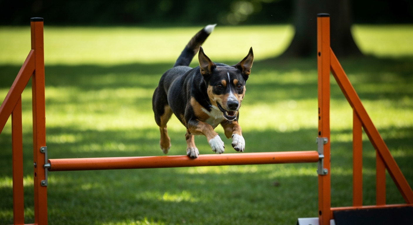 A sable Shetland Sheepdog leaps over a red and white bar jump on an agility course.