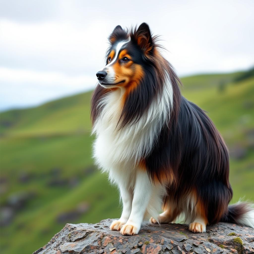 A Shetland Sheepdog with its characteristic long, multi-colored coat stands proudly on a rocky natural surface.