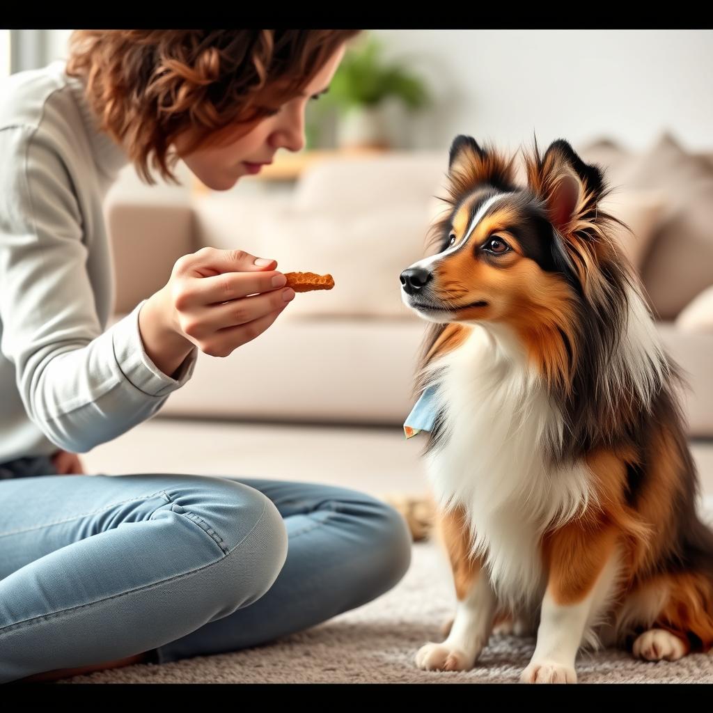 A person rewards a Shetland Sheepdog with a treat during a training session indoors.