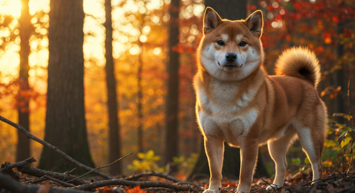 A red-coated Shiba Inu stands proudly in a sun-drenched autumn forest, looking directly into the camera.