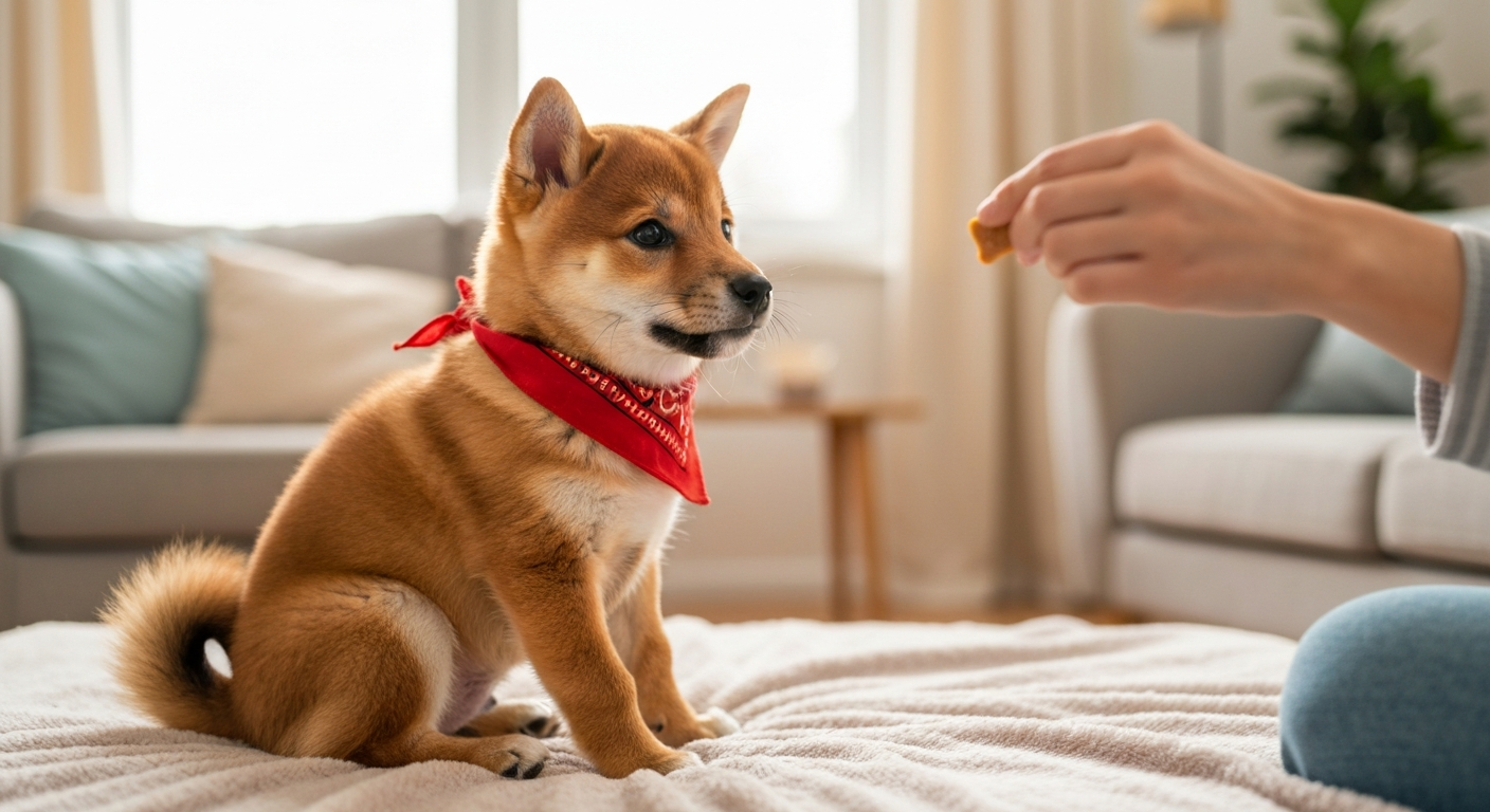 A Shiba Inu puppy during a training session turns its head away from a treat being offered, displaying a stubborn expression.
