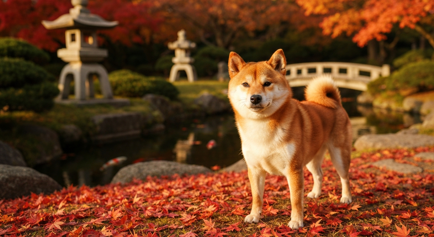 A healthy adult red Shiba Inu stands attentively in a beautiful Japanese garden during autumn.