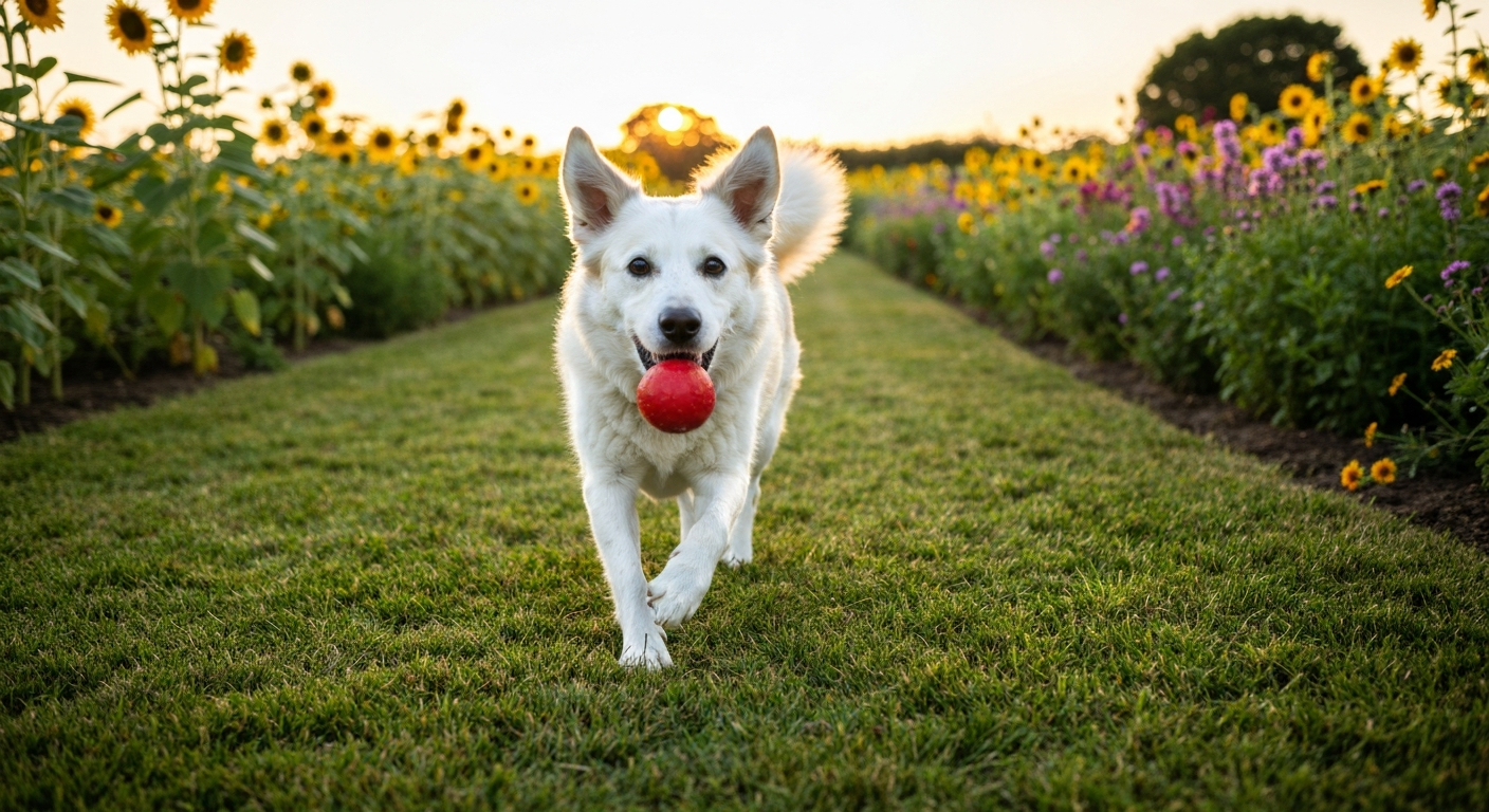 A senior Shiba Inu with a grey muzzle focuses intently on solving a colorful puzzle toy on a wooden floor.