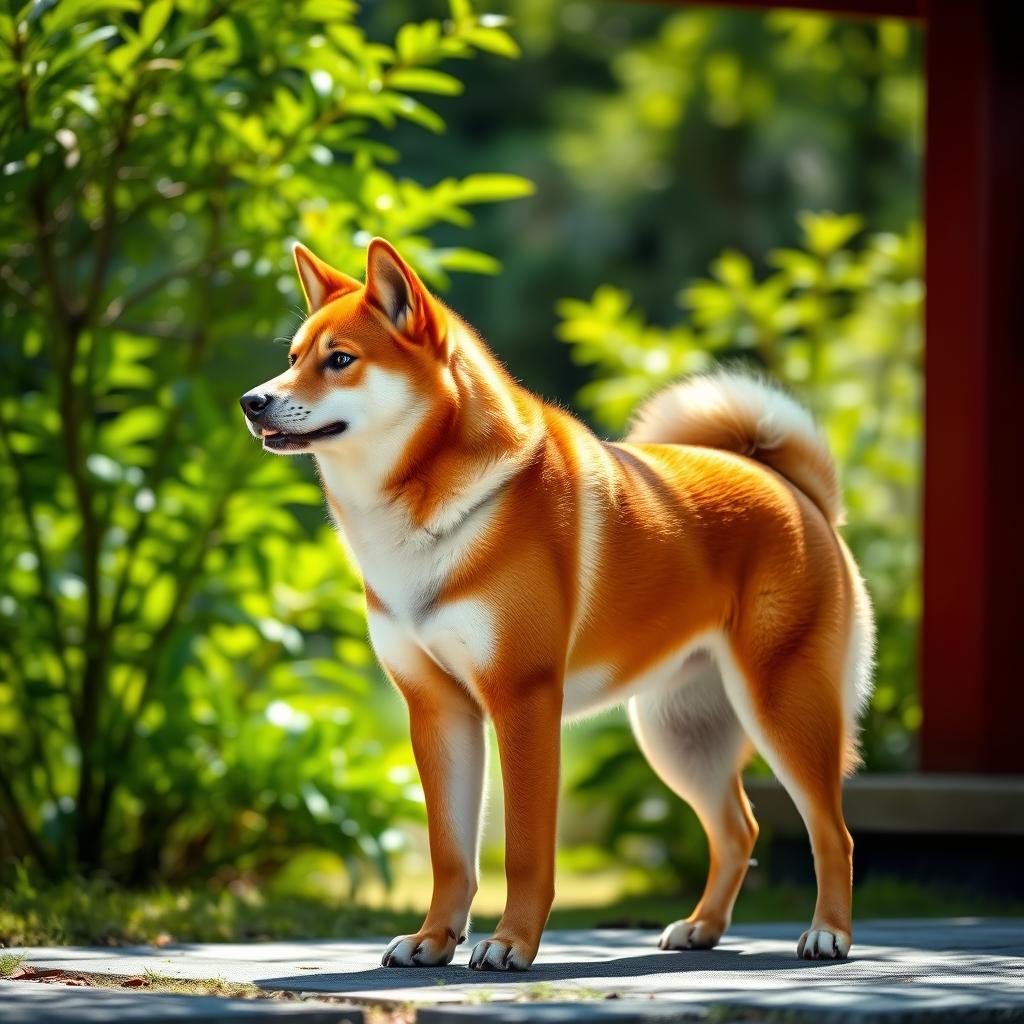 A vibrant red Shiba Inu dog standing alertly in a traditional Japanese garden with lush green plants and stone lanterns.