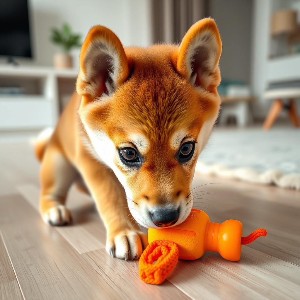A close-up of a curious Shiba Inu puppy investigating a colorful dog toy on a living room floor.