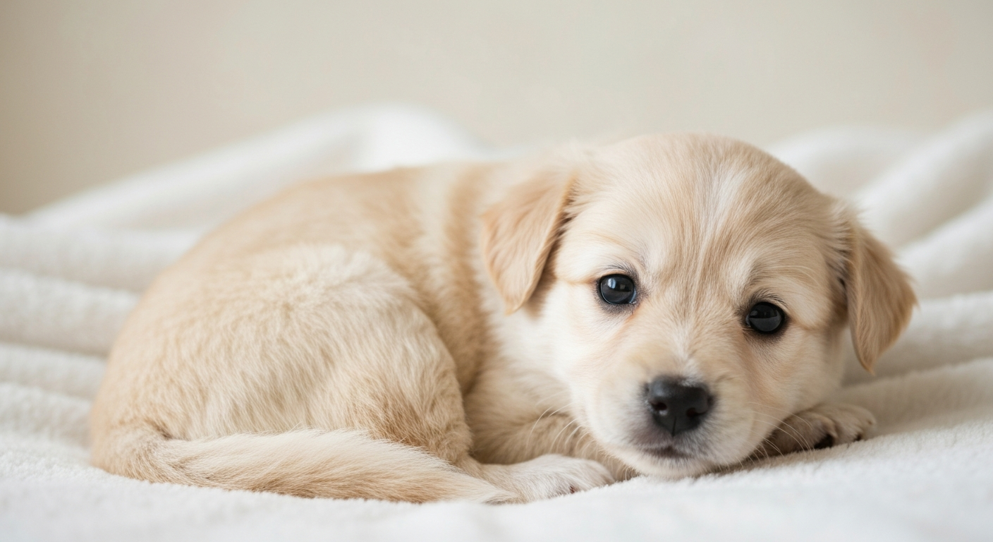 A beautiful Shih Tzu puppy with a long, flowing coat of white and gold fur sits proudly on a blue velvet pillow.