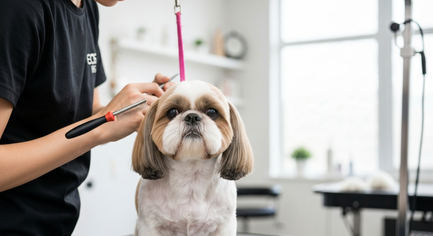 A groomer carefully trims the long fur around the face of a white and brown Shih Tzu with small scissors.