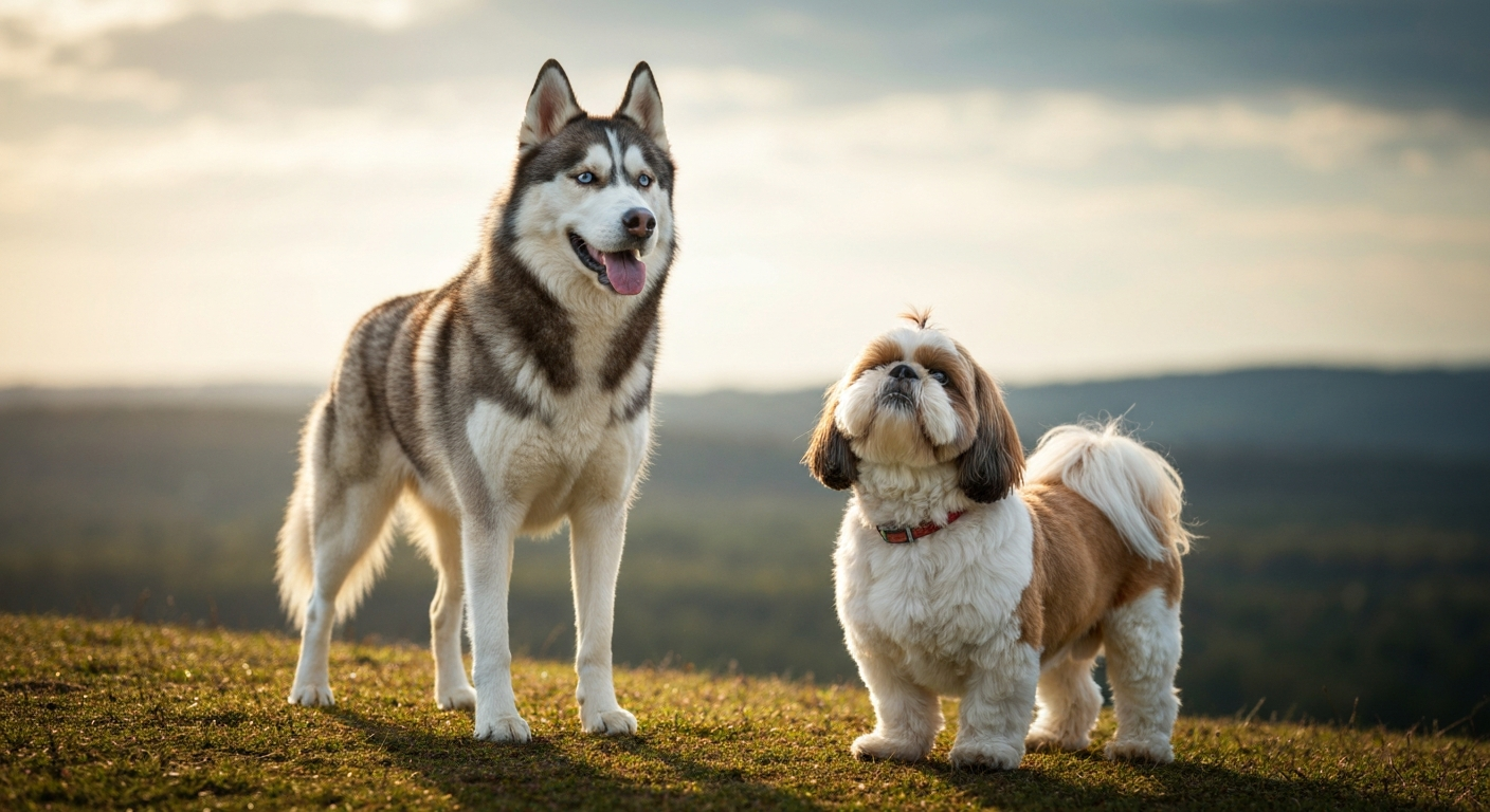 A large, grey and white Siberian Husky and a small, white and brown Shih Tzu standing together outdoors on a green lawn.
