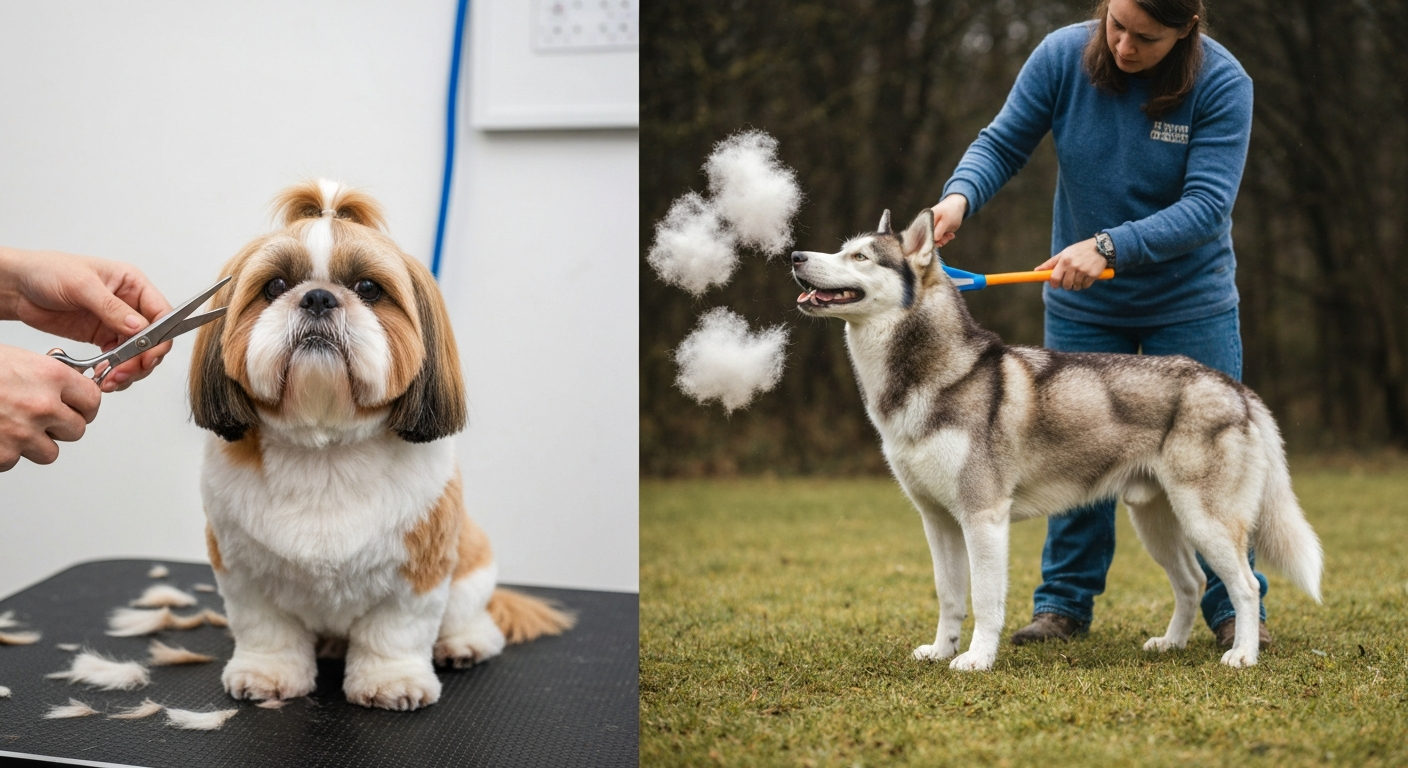 A composite image showing the detailed grooming of a Shih Tzu's face on the left and the heavy shedding of a Siberian Husky being brushed on the right.
