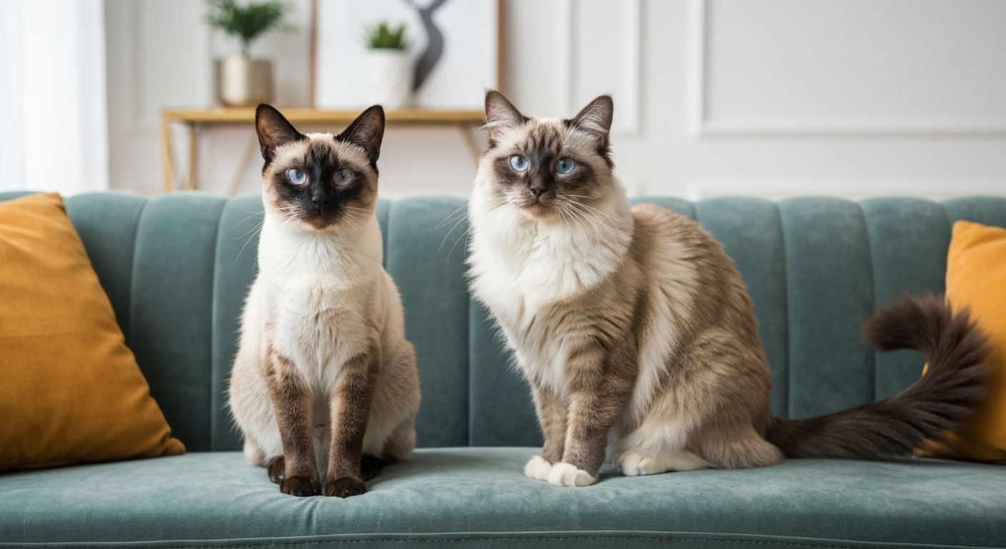 A short-haired Siamese cat and a long-haired Balinese cat sitting next to each other, clearly showing the primary difference in their coat lengths.