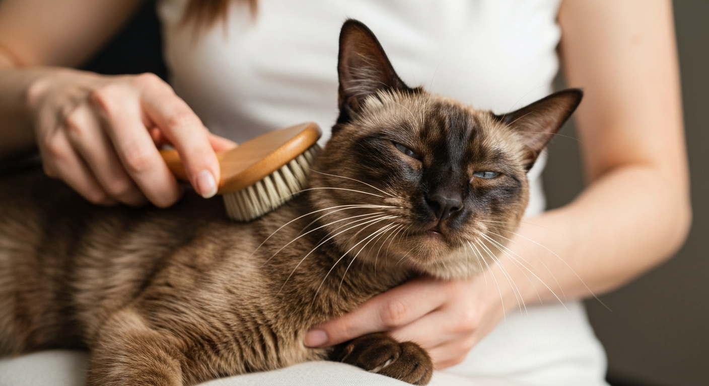 A person's hands using a grooming brush on the back of a calm Balinese cat, whose long, light-colored fur is visible.