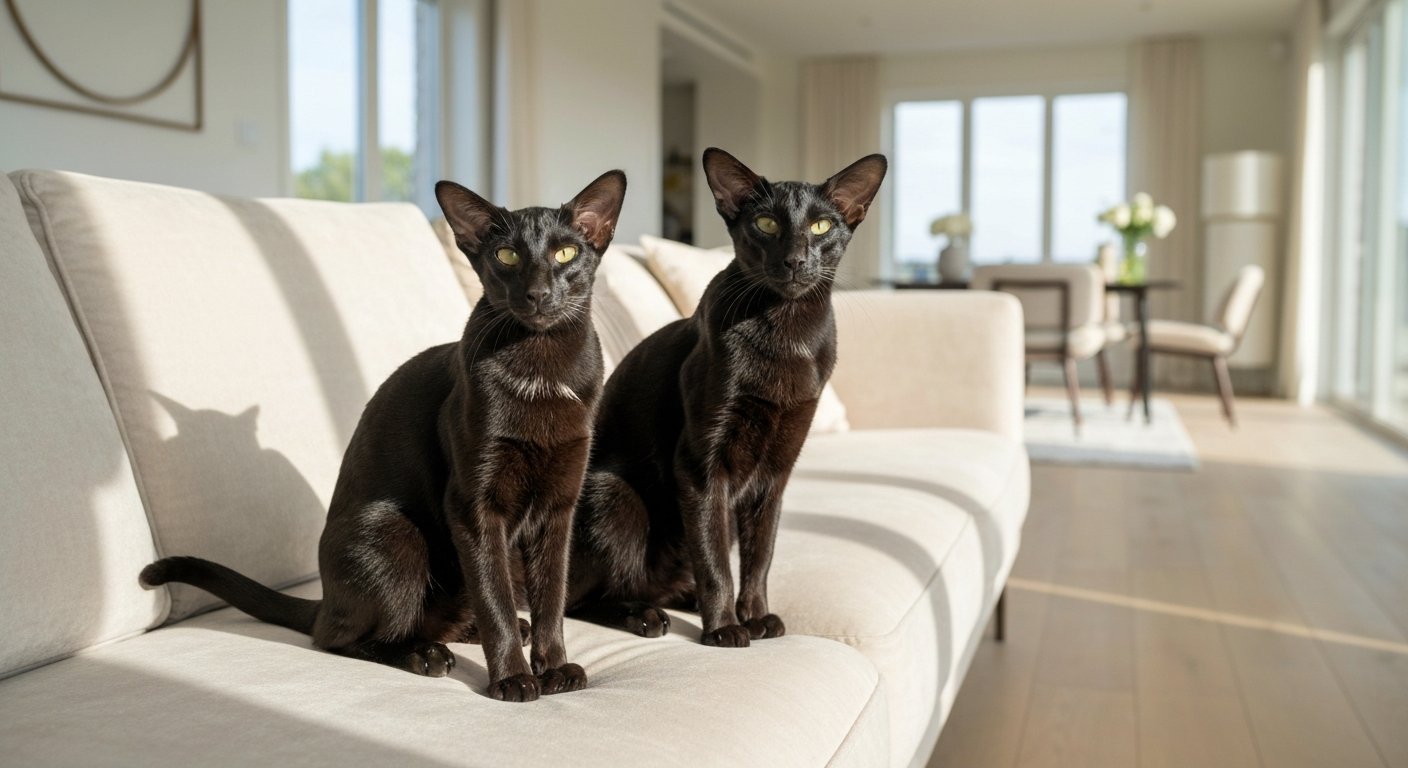 A classic seal point Siamese cat and a solid black Oriental Shorthair cat sitting next to each other on a modern sofa.