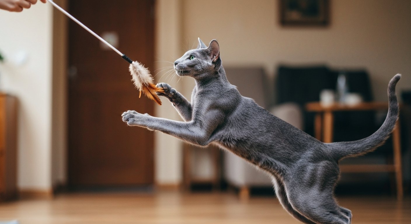 A slender blue Oriental Shorthair cat leaping in the air to catch a feather toy.