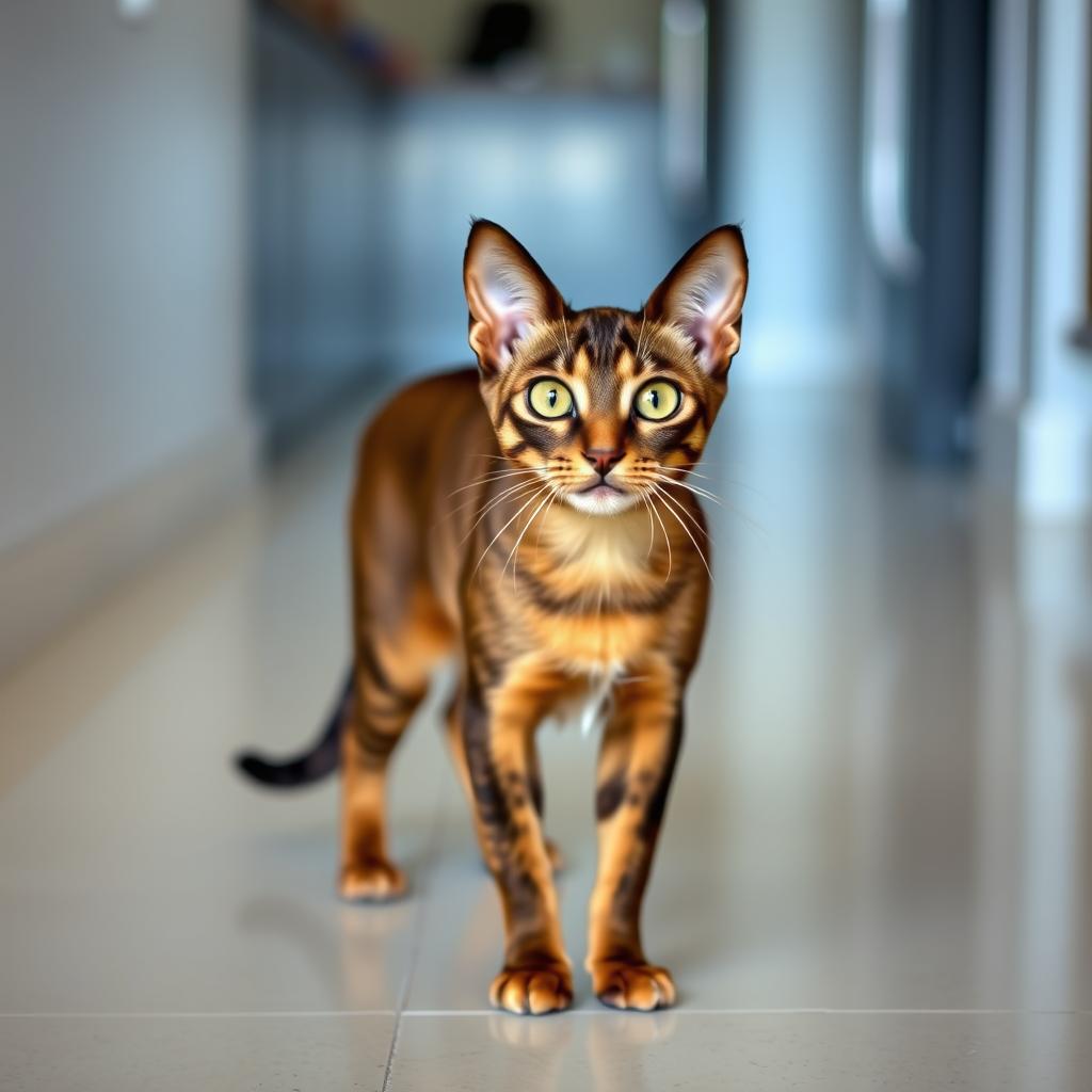 A lithe domestic Singapura cat with its characteristic large ears and wide eyes, standing in a bright, clean indoor setting.
