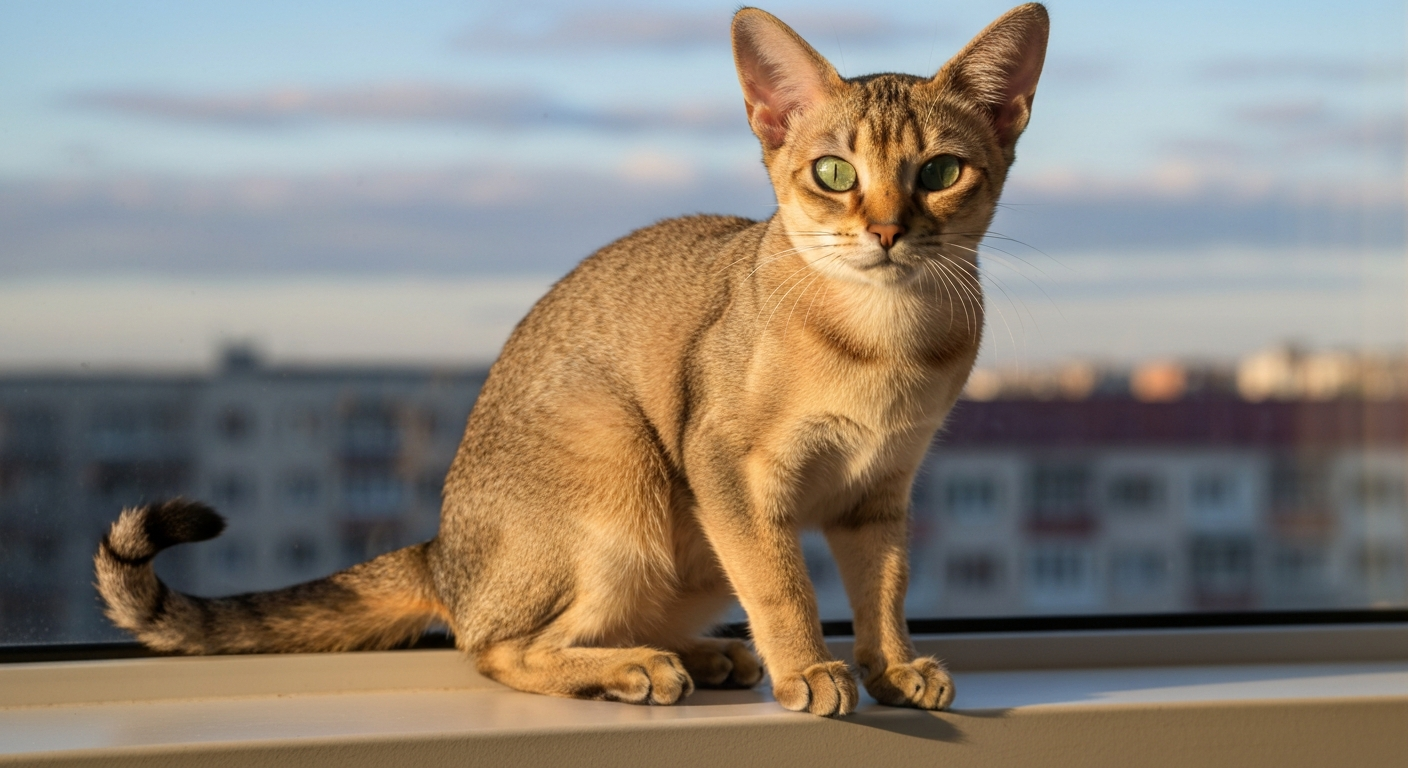 A small, elegant Singapura cat with large green eyes and a ticked sepia-colored coat sitting on a wooden windowsill.