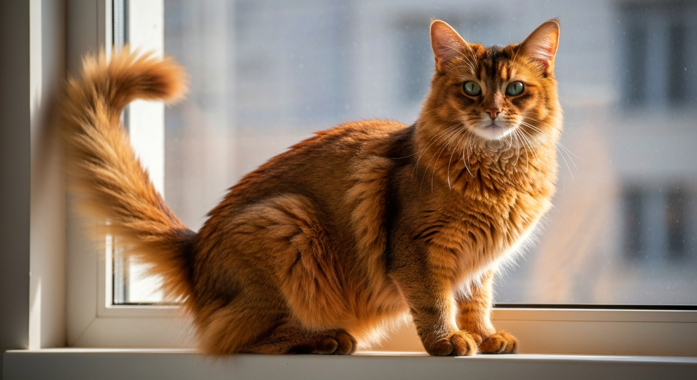 A beautiful ruddy Somali cat with a fluffy tail and large green eyes sitting on a windowsill in the sun.