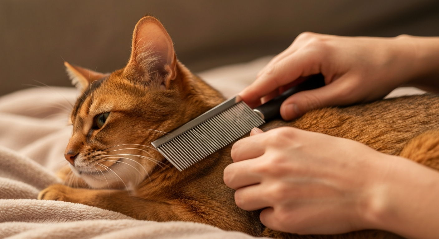 A person's hands gently combing the long, reddish fur on the neck of a relaxed Somali cat.