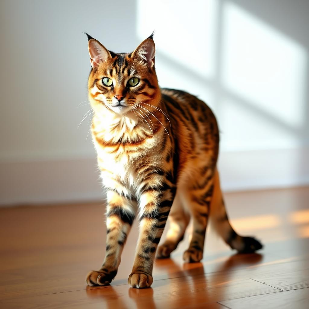 A Somali cat with a ticked cinnamon-colored coat stands gracefully on a polished wooden floor, bathed in sunlight.