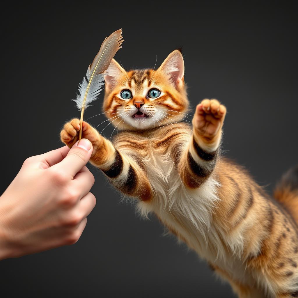 A Somali cat in mid-air, playfully swatting at a feather wand toy.