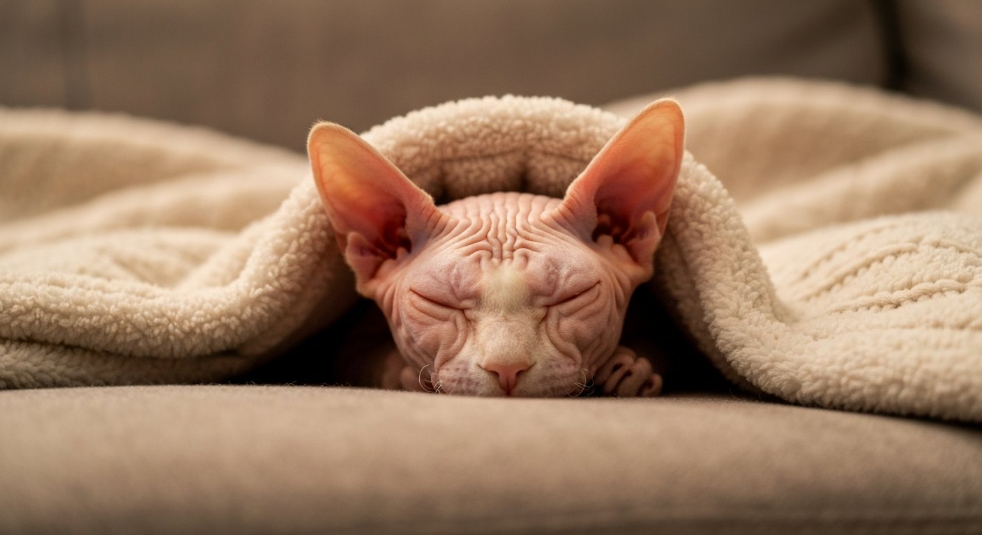 A hairless Sphynx cat's head peeking out from under a thick, cozy knitted blanket, looking warm and content.