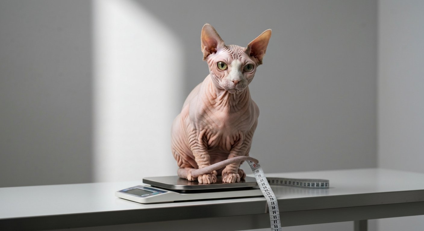 A healthy Sphynx cat sits on a digital scale next to a measuring tape.