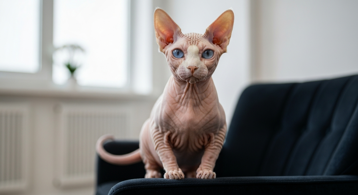 A full-body shot of a wrinkly, light-skinned domestic Sphynx cat sitting upright on a luxurious dark green armchair and looking inquisitively into the camera.