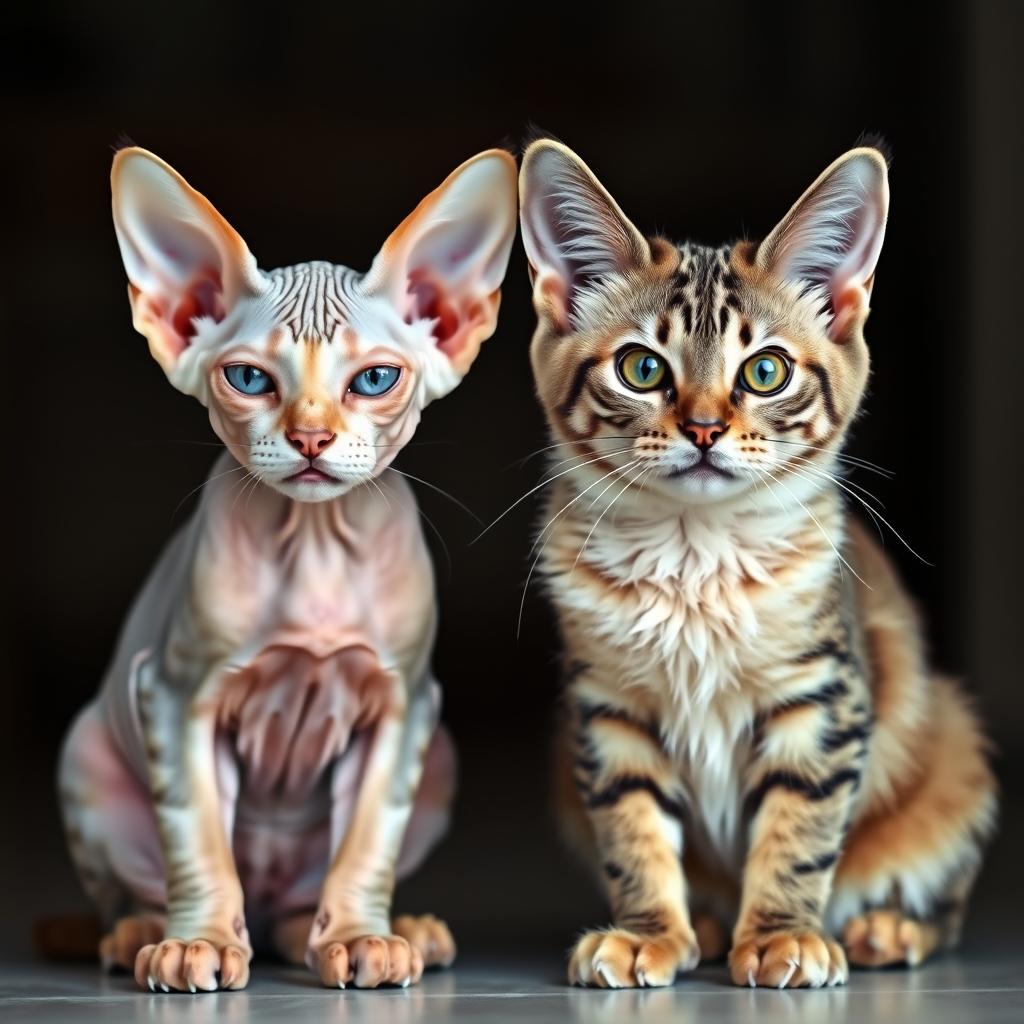 A wrinkled Sphynx cat and a wavy-coated Devon Rex cat sit next to each other, both looking alert and curious.