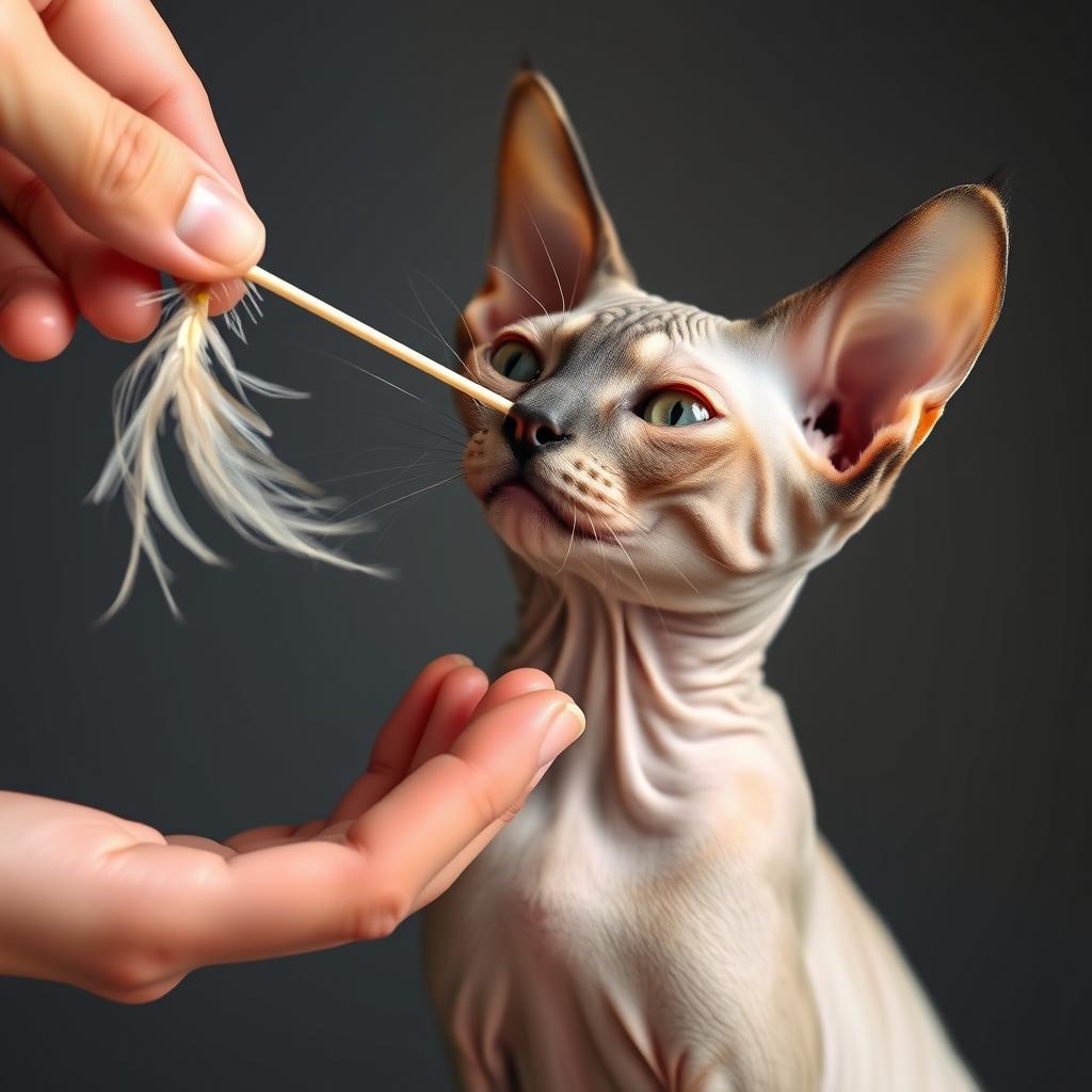 A Sphynx cat reaching out with a paw to playfully bat at a feather wand toy.