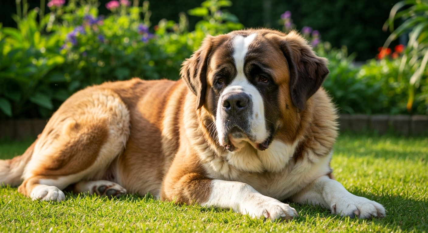 A beautiful long-haired St. Bernard dog with a white, brown, and black coat standing in a snowy mountain landscape.
