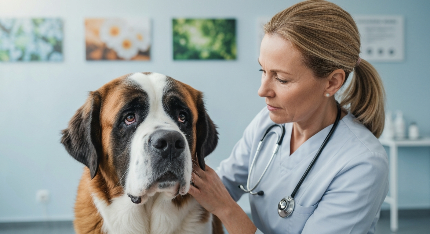 A close-up view of a person's hands gently pulling down the lower eyelid of a St. Bernard to inspect its eye.