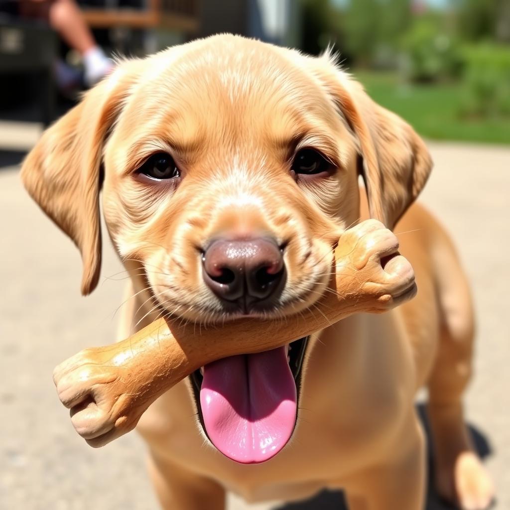 A golden Labrador Retriever puppy sitting on a green lawn with a blue chew toy in its mouth.
