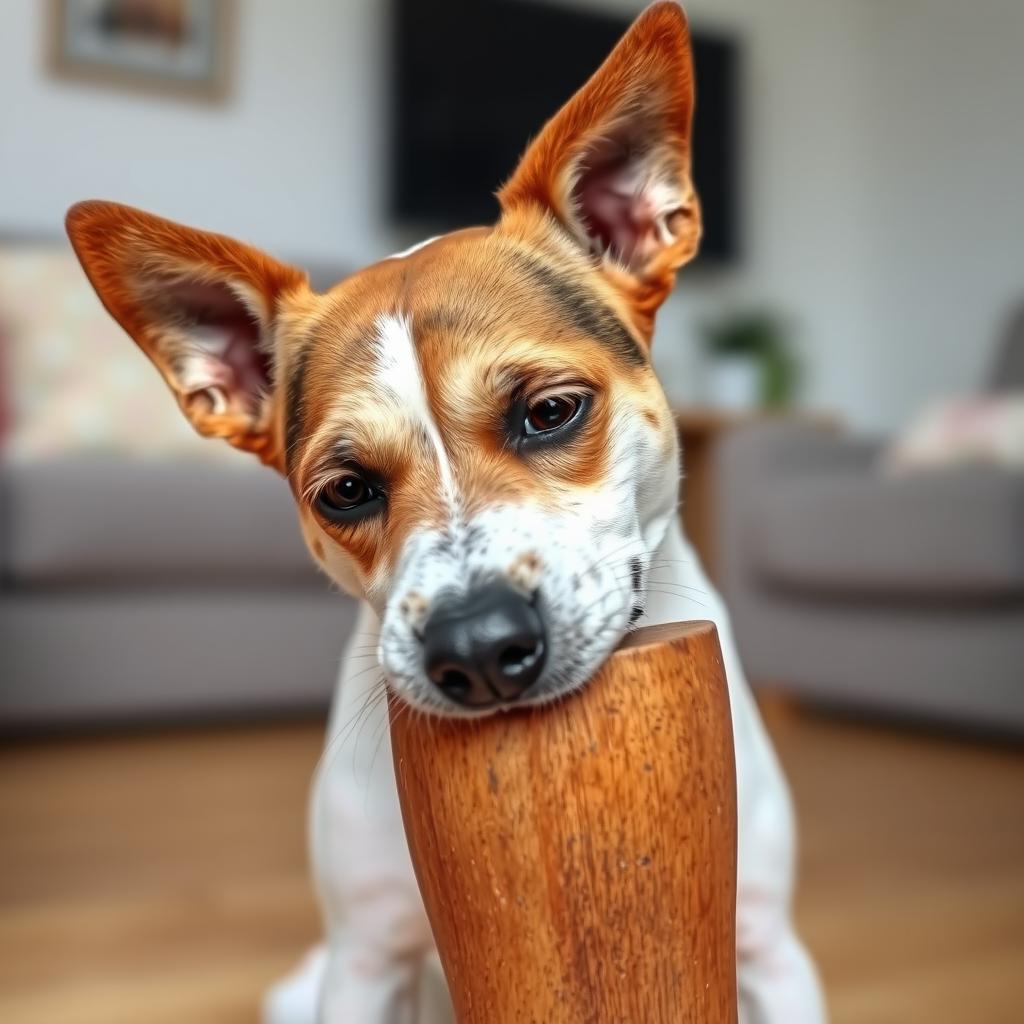 A small Jack Russell Terrier dog actively chewing on the corner of a wooden table.