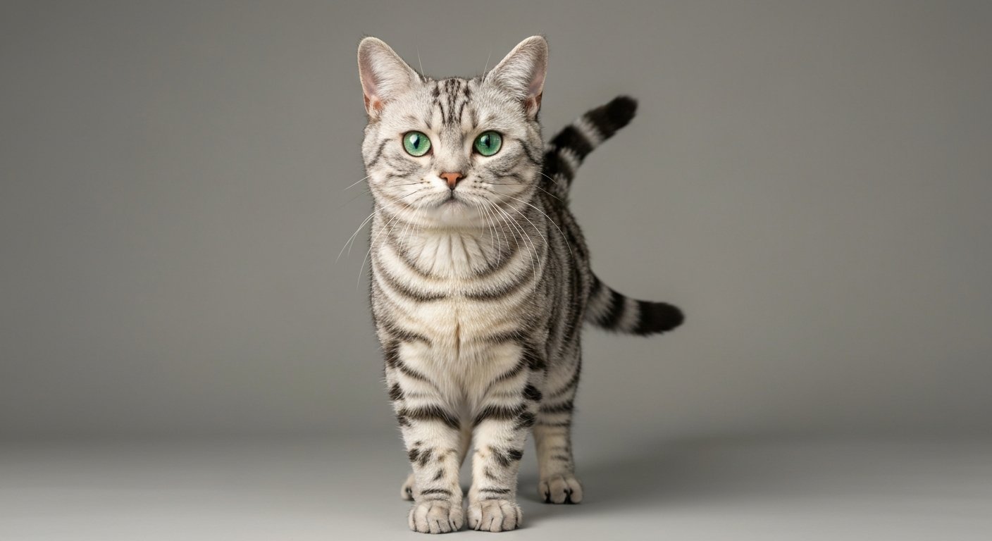 An adult American Shorthair cat with silver tabby markings standing proudly.